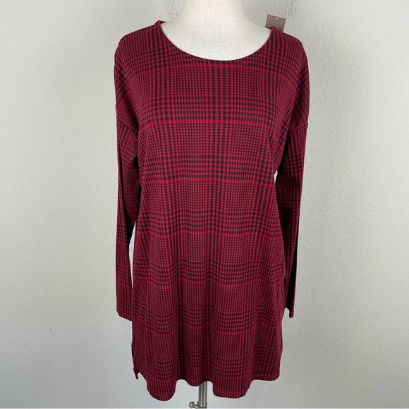 J Jill Red Black Plaid Knit Simply Supima Crew Neck NWT Tunic Medium - Picture 2 of 7
